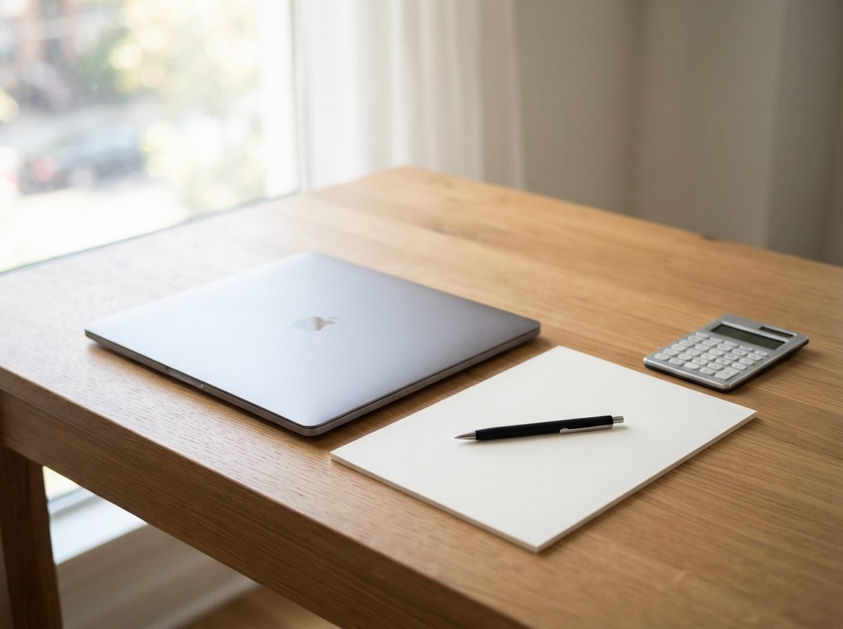 Calculator, pen, blank paperwork, and a closed laptop arranged on a bright desk.