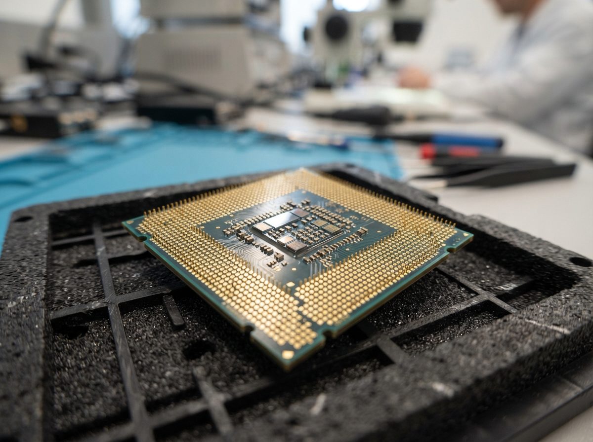 Macro view of an advanced computer processor chip with gold pins on an anti-static tray in a lab setting.