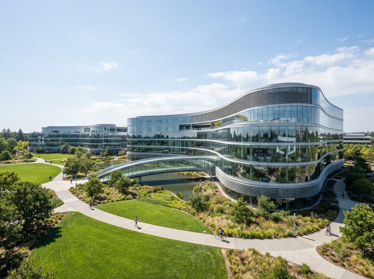 Modern glass technology campus headquarters under a bright blue sky