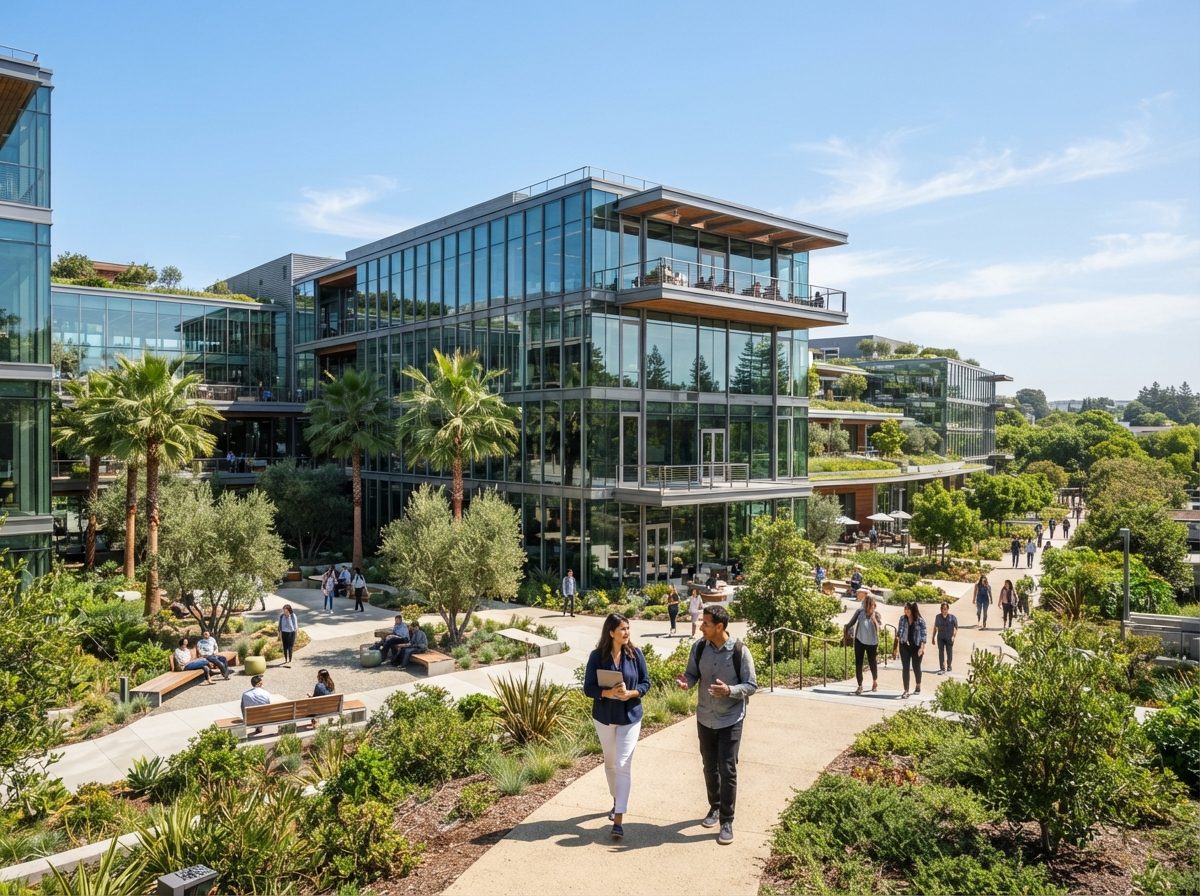 Modern glass office campus building under bright sunlight representing a large technology company.