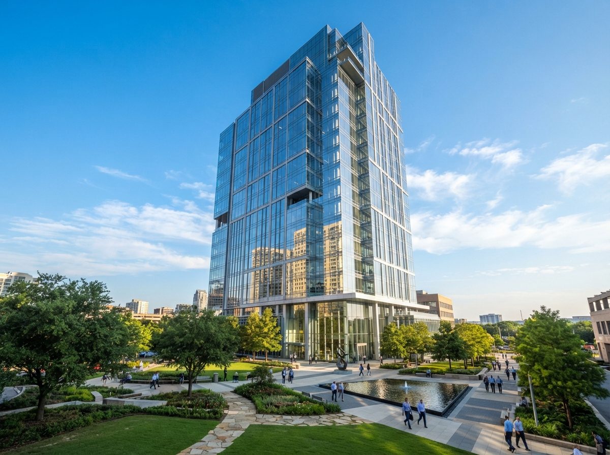 A glass corporate headquarters tower reflecting sunlight, representing a major American insurance company.