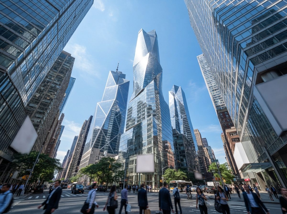 A row of glass financial district skyscrapers reflecting bright daylight, representing the American financial services industry.