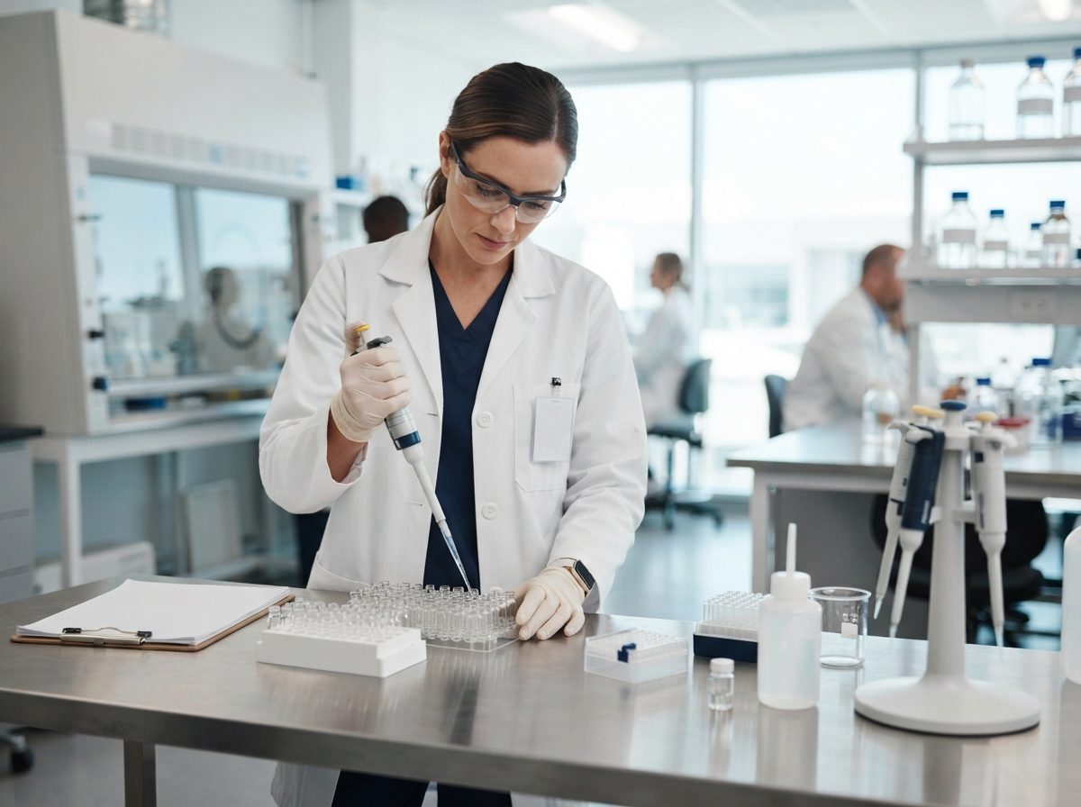 Scientist in a white lab coat handling glass vials in a sunlit pharmaceutical research laboratory.