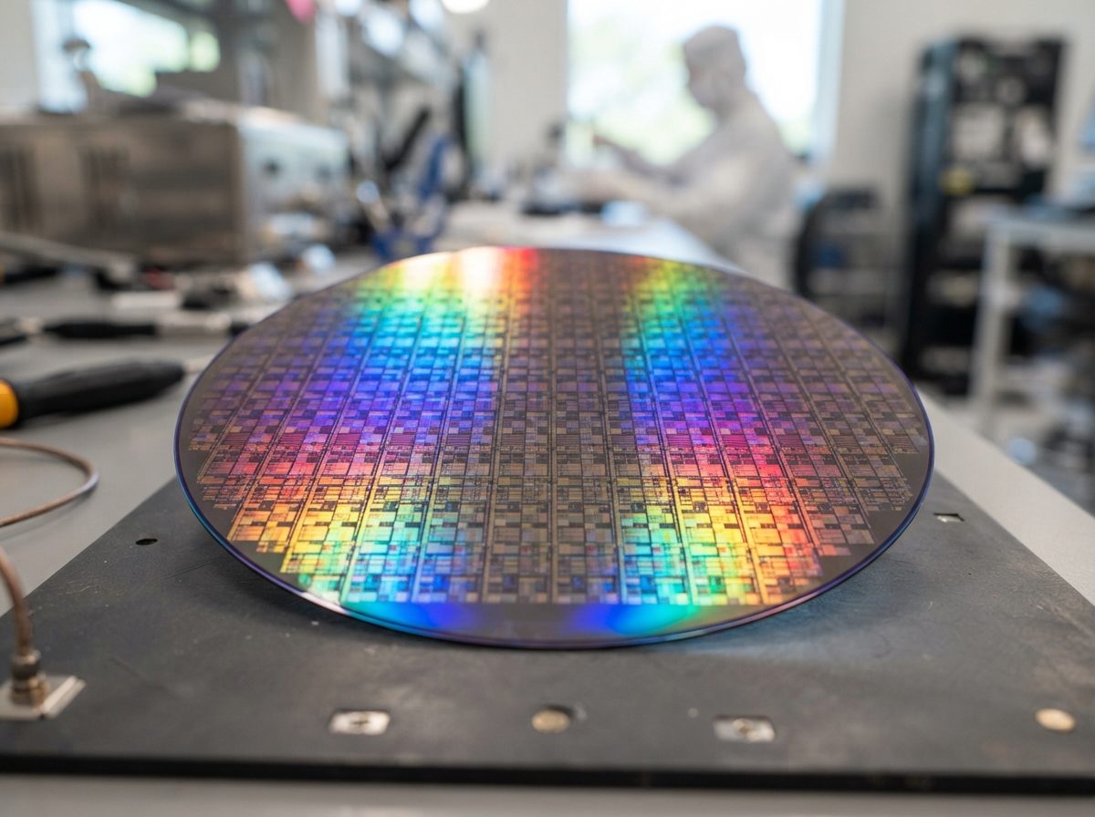 Close-up of a silicon semiconductor wafer reflecting light on a workbench.