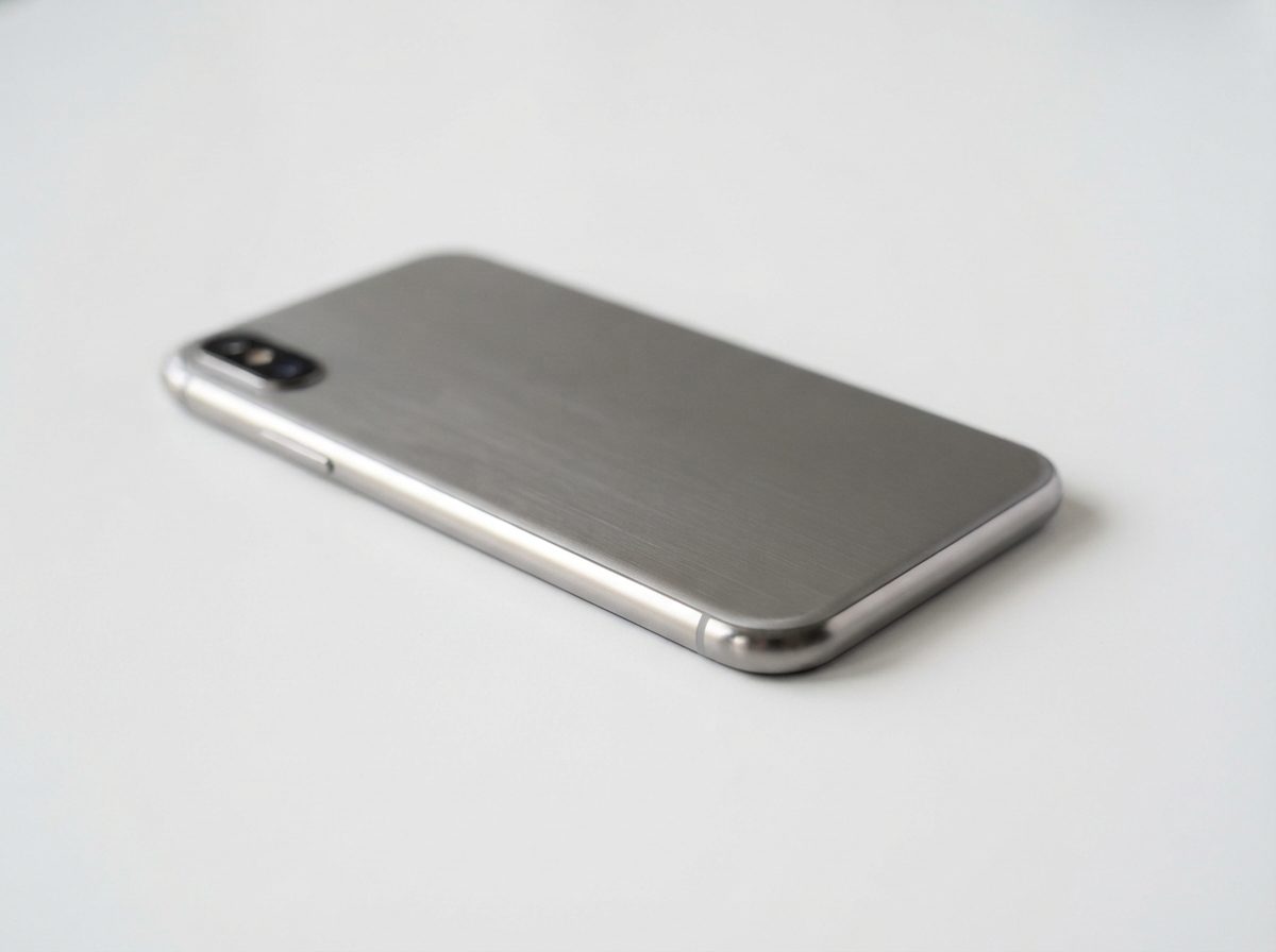 A brushed aluminum smartphone body on a white studio surface under soft light.