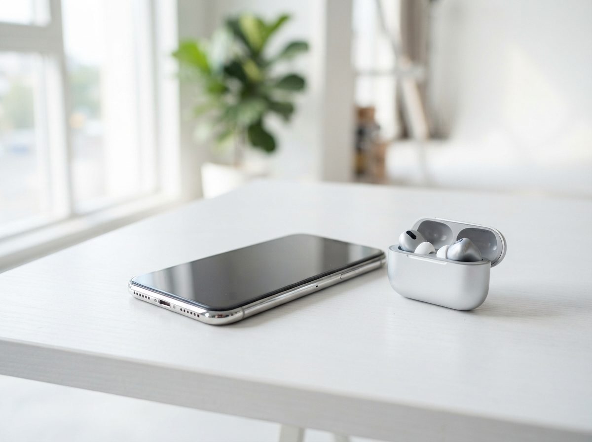 A modern silver smartphone and wireless earbuds displayed on a clean white desk under soft natural light.