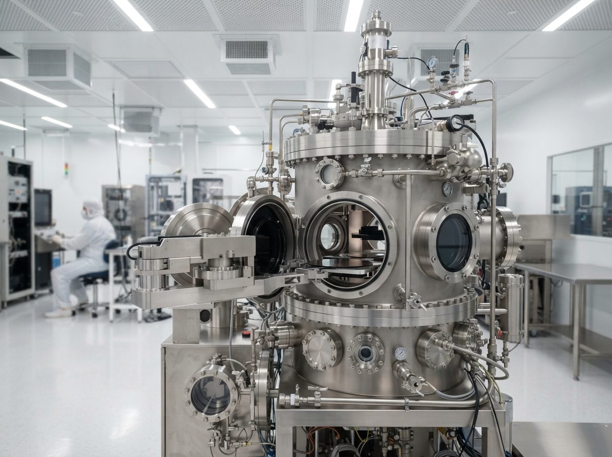 Technician inspecting a large semiconductor deposition machine inside a bright cleanroom.
