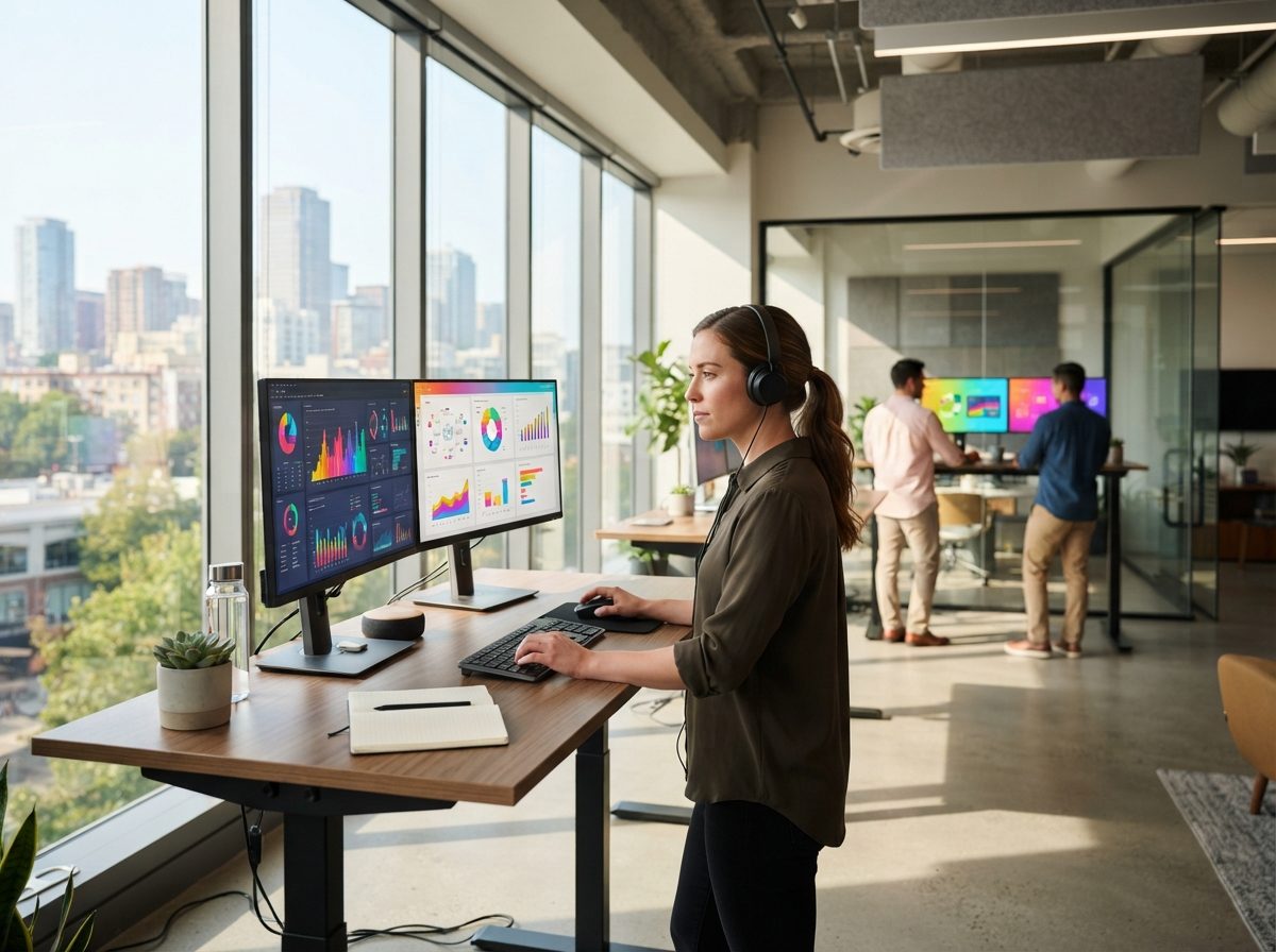 Modern tech office workspace with employees viewing colorful data dashboards on computer monitors.