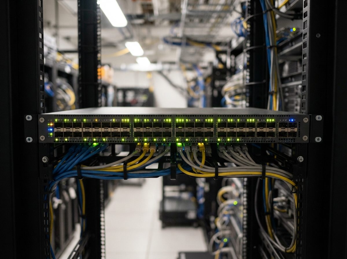 Close-up of an Ethernet switch with illuminated ports mounted in a data center server rack.