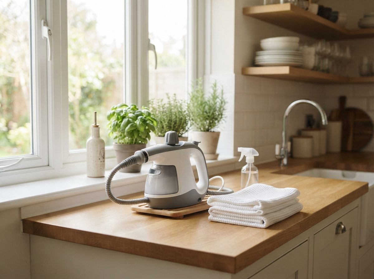 A compact home steam appliance on a sunlit kitchen counter representing a consumer products brand portfolio.