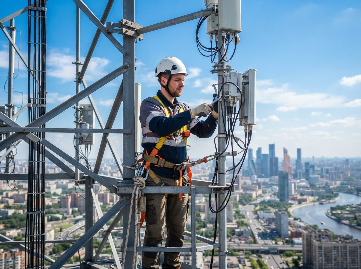 A telecommunications technician working on a cell tower under a clear blue sky.
