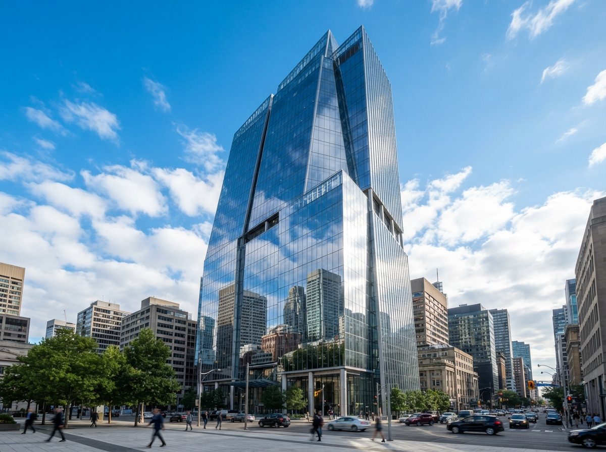 A glass corporate skyscraper reflecting the sky, representing a major banking headquarters