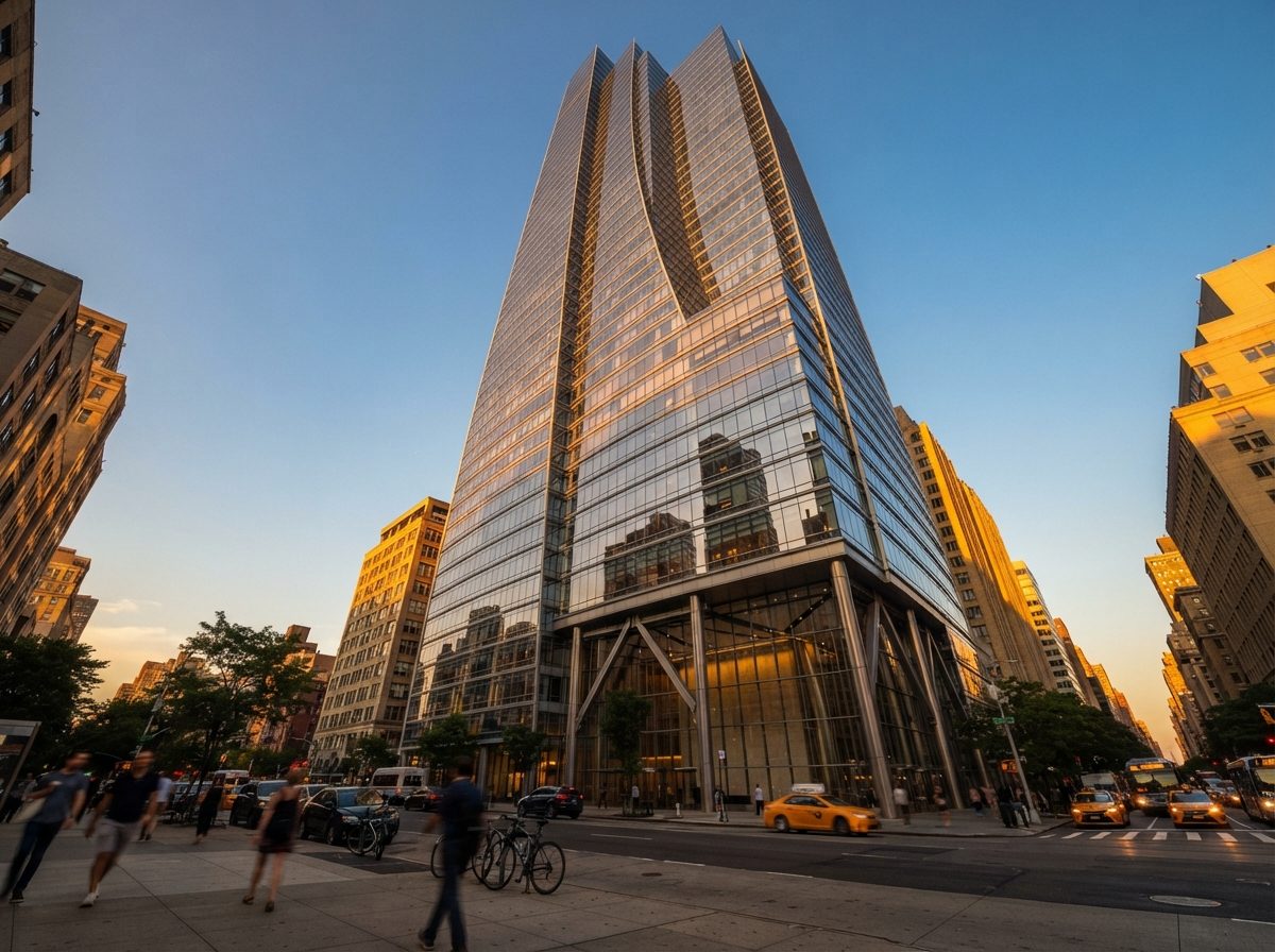 A modern glass office tower reflecting golden sunlight, representing a major financial services headquarters.