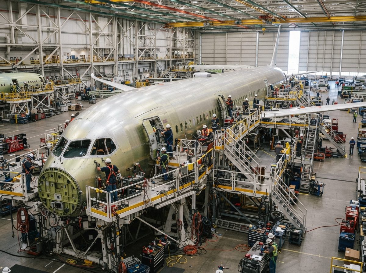 A commercial jet fuselage under construction inside a large, brightly lit aircraft assembly hangar.