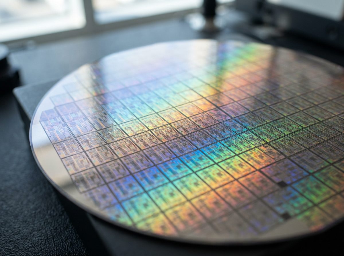 Macro view of a reflective silicon wafer etched with rows of microchip dies under bright studio light.
