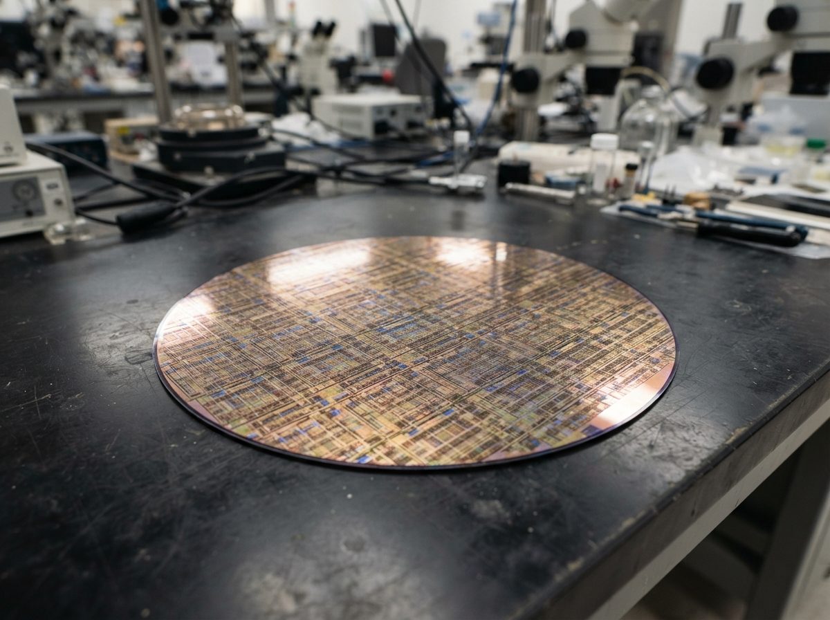 A large specialized silicon chip resting on a workbench in a bright semiconductor lab.