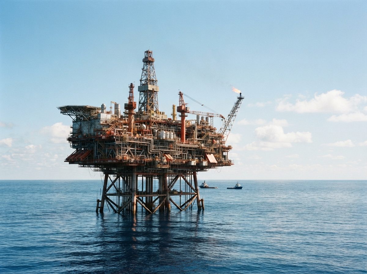 A large offshore oil platform with steel towers under a clear blue sky above open ocean.