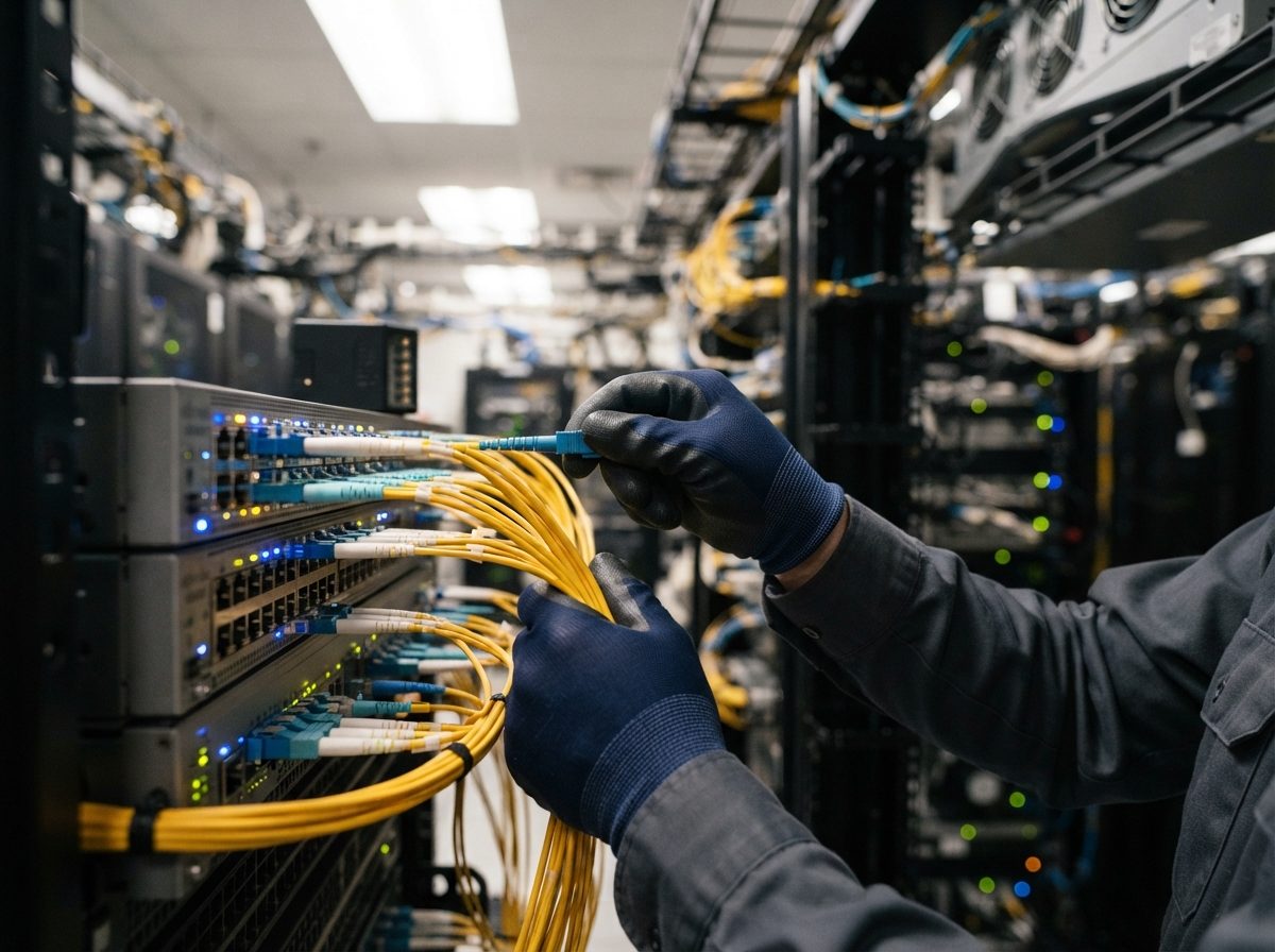 Technician connecting fiber optic cables into a rack of networking switches with glowing status lights.