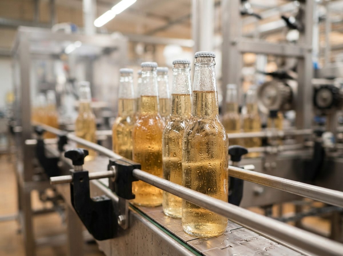 Glass beverage bottles moving through a bright modern bottling line with condensation on the glass.
