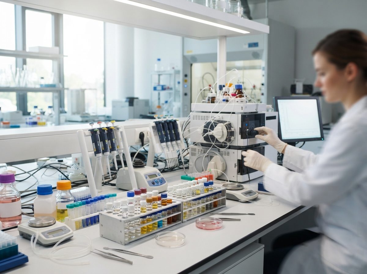 Scientific instruments and sample vials arranged on a laboratory bench under bright lighting.