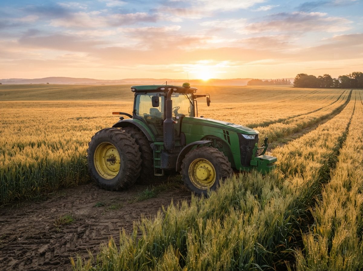 A large green tractor parked in a golden wheat field at sunrise.