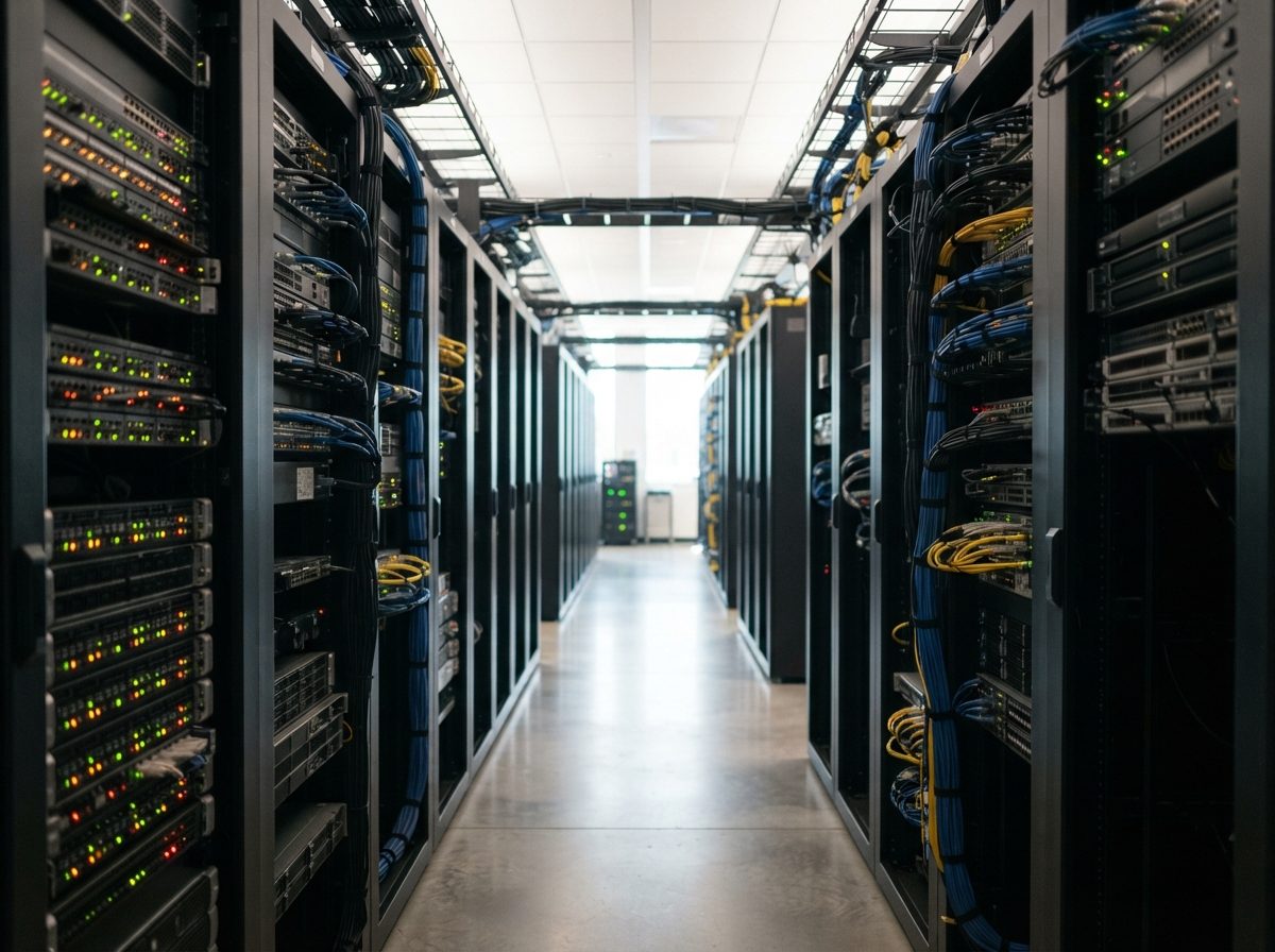 Server racks with status lights inside a bright modern data center.