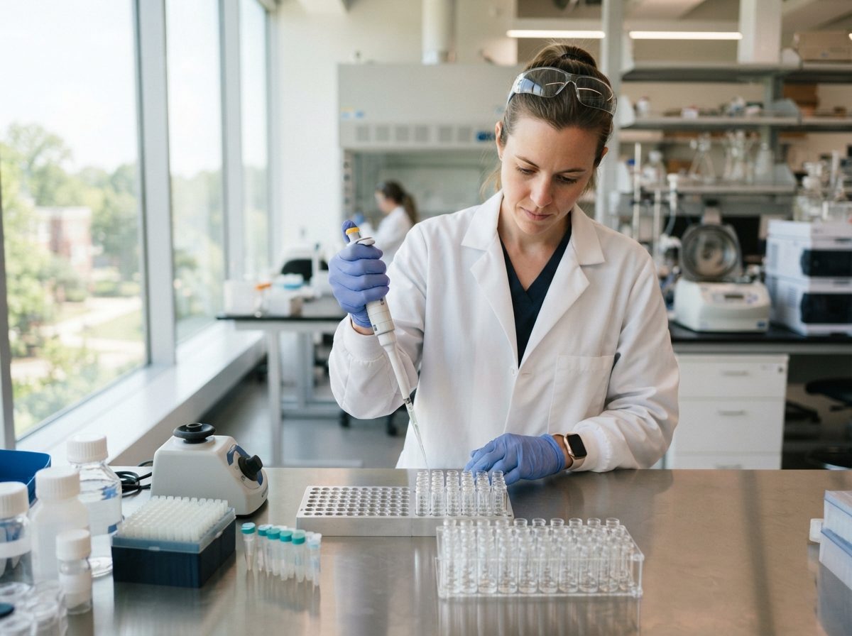Scientist in a bright lab pipetting liquid into vials during pharmaceutical research.