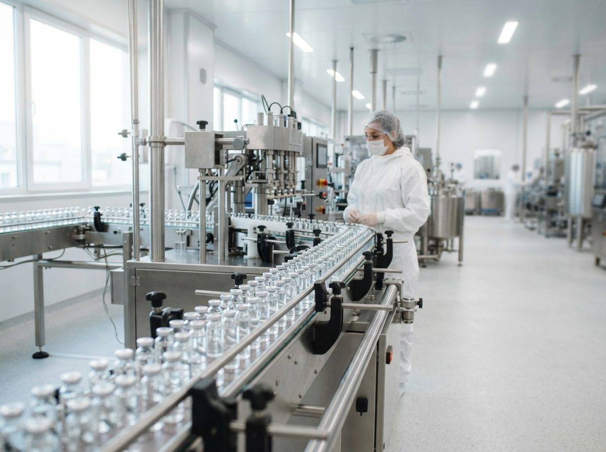 Stainless-steel vials moving along an automated pharmaceutical production line in a bright manufacturing facility.