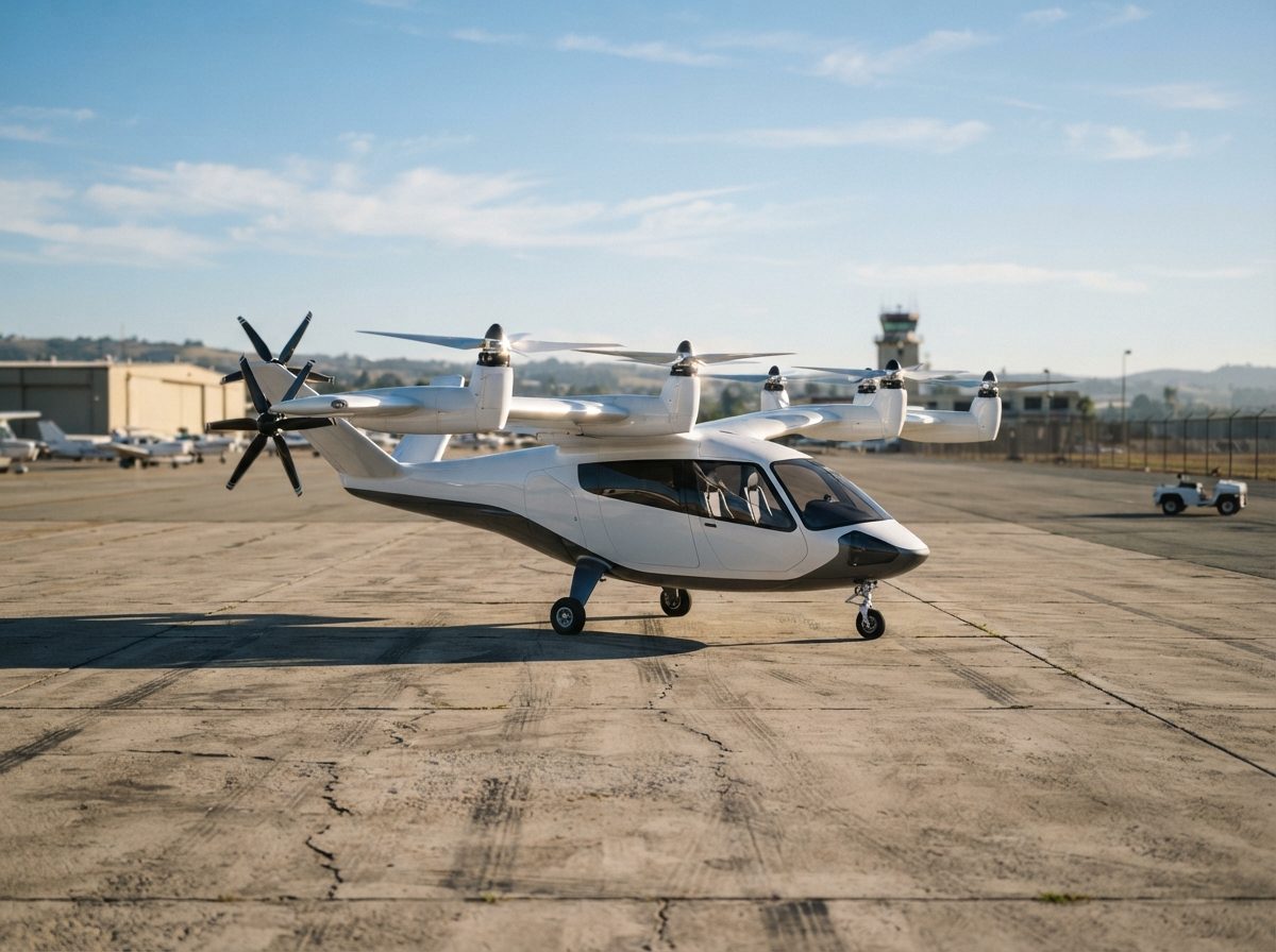 An electric vertical take-off aircraft prototype parked on a sunlit airfield tarmac.