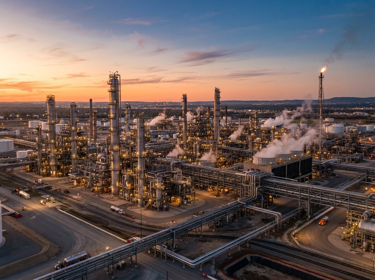 A large oil refinery with steel towers and pipelines glowing in golden evening light.
