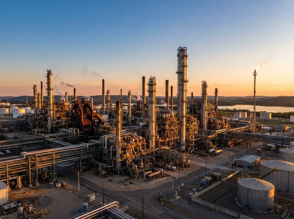 An oil refinery with tall distillation towers glowing in warm evening light.