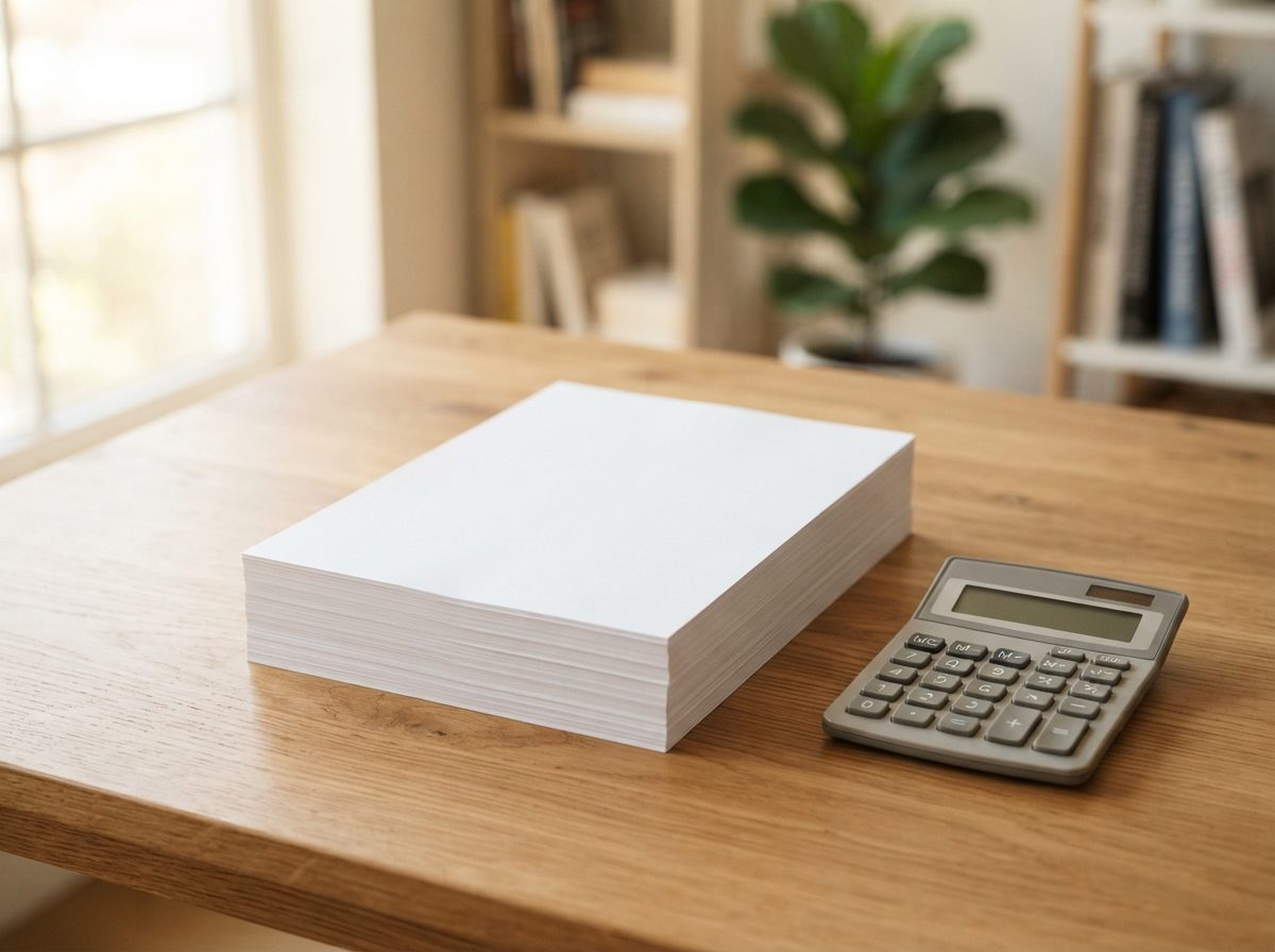 A calculator and blank financial papers arranged on a bright wooden desk.