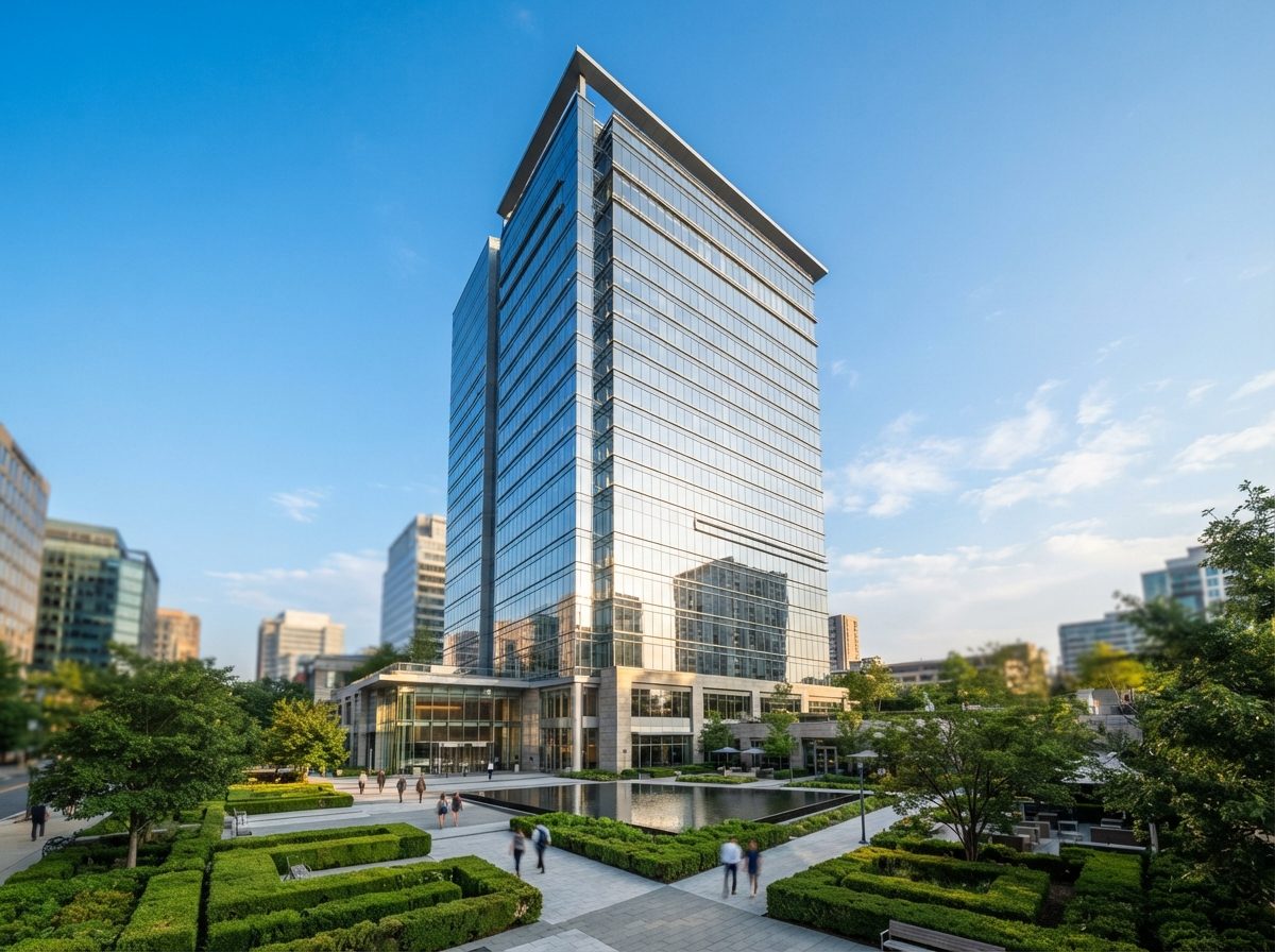 Glass corporate office tower reflecting a bright sky above a landscaped plaza.