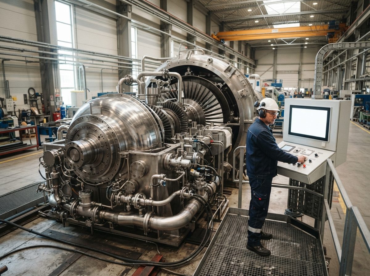 A large industrial gas turbine being inspected on a factory floor with bright overhead lighting.