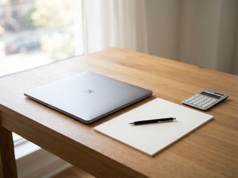 Calculator, pen, blank paperwork, and a closed laptop arranged on a bright desk.