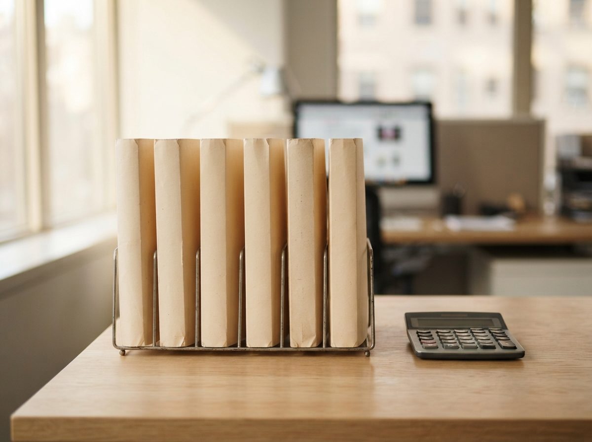 Unmarked folders and a calculator on an office desk in natural light.