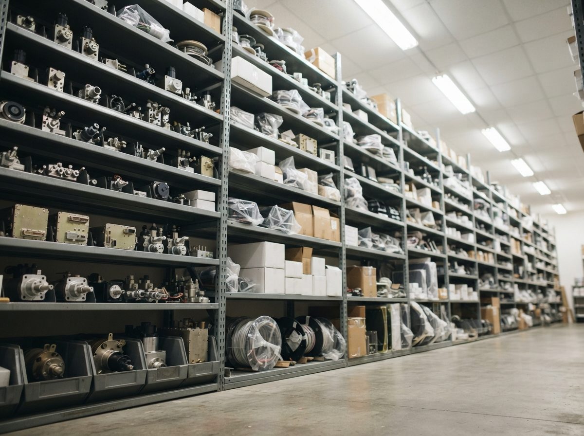 Rows of aircraft replacement parts organized on warehouse shelving.
