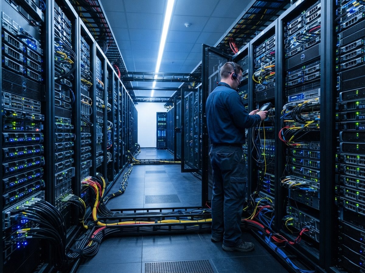 Rows of illuminated server racks in a modern data center showcasing high-performance computing infrastructure.