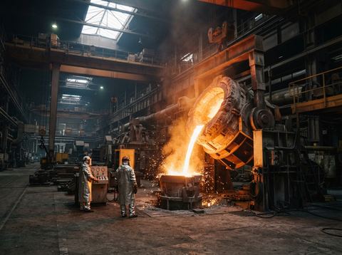 Molten aluminum pouring from an industrial furnace during the smelting process.