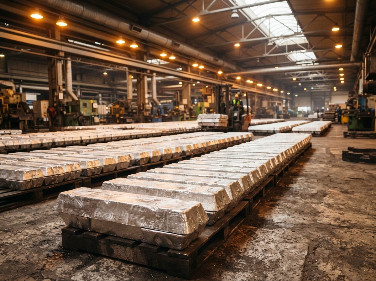 Rows of freshly cast aluminum ingots cooling on a factory floor.