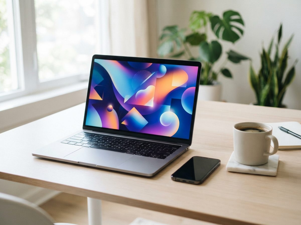Laptop and smartphone on a clean desk displaying a colorful digital interface