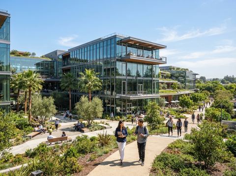 Modern glass office campus building under bright sunlight representing a large technology company.