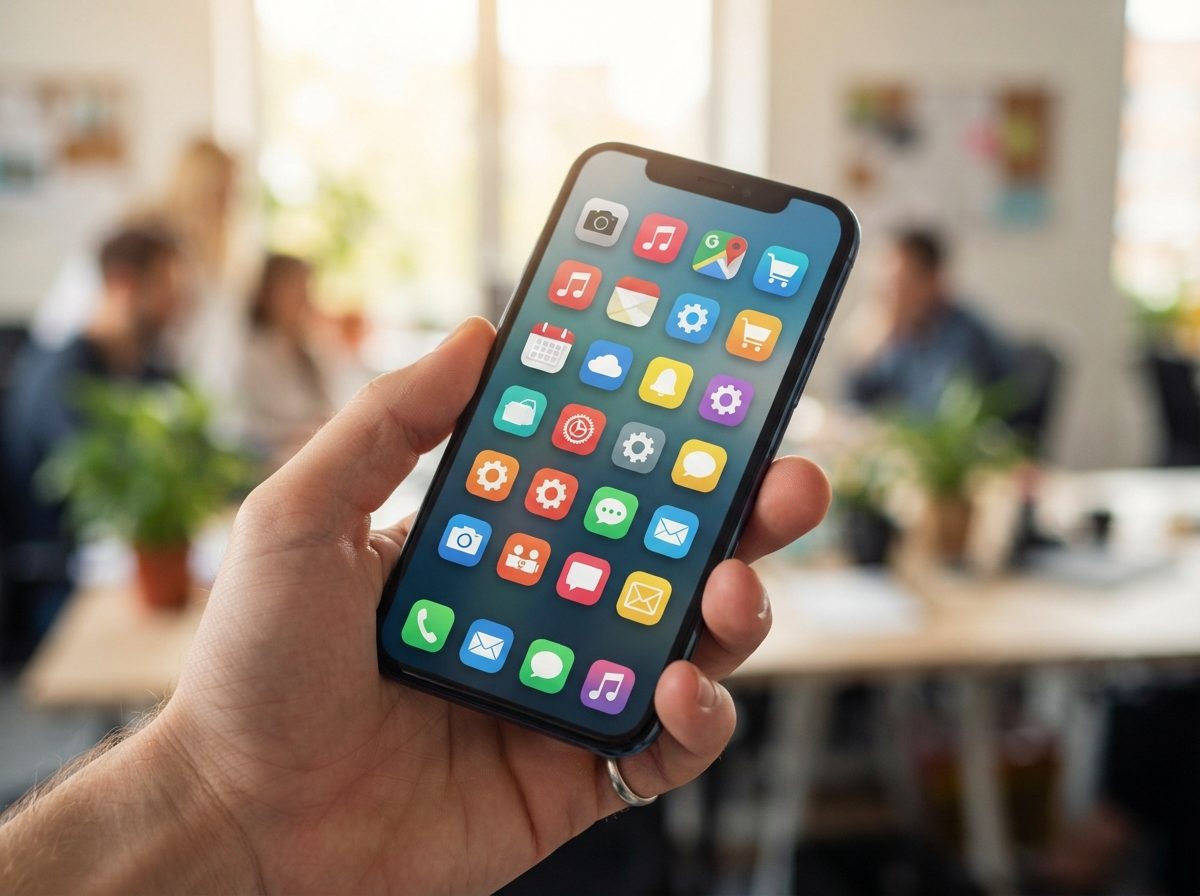 Close-up of a smartphone displaying colorful app icons on a sunlit desk.