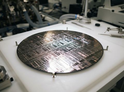 Close-up of a silicon semiconductor wafer under bright lab lighting.