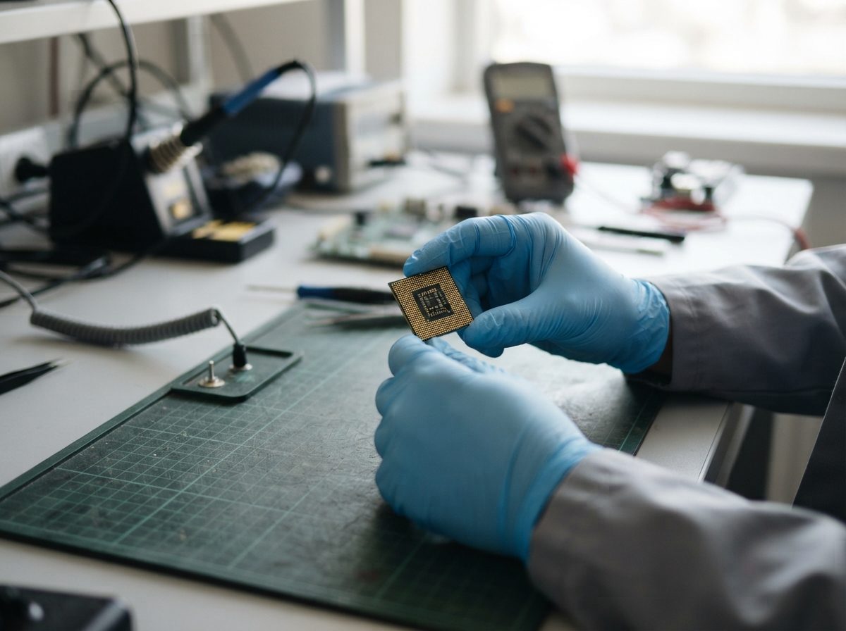 Gloved hands holding a computer processor chip above an anti-static workstation.