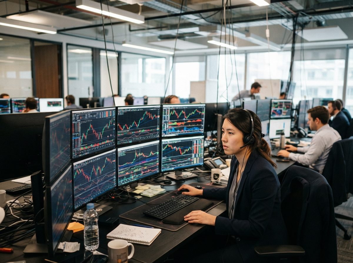 A modern financial trading office with multiple monitors displaying market data charts.