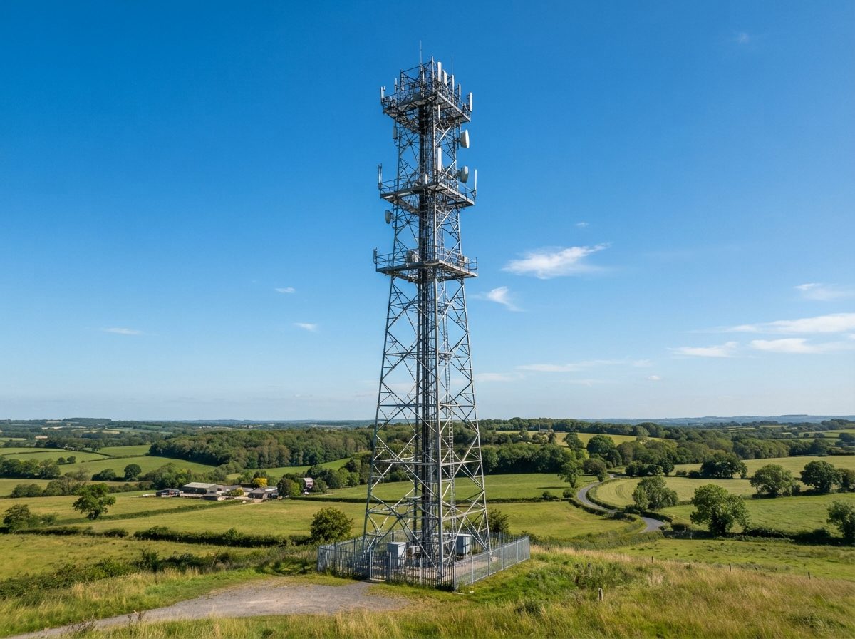 A steel communications tower standing against a clear blue sky, representing infrastructure within the financial services sector.