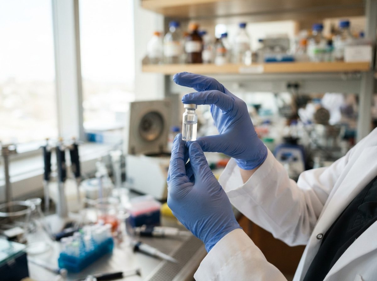 Researcher's gloved hand holding a glass vial of clear medicine in a bright biotech lab.