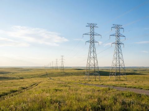 Steel electrical transmission towers crossing an open prairie under a bright sky, representing American utility infrastructure.