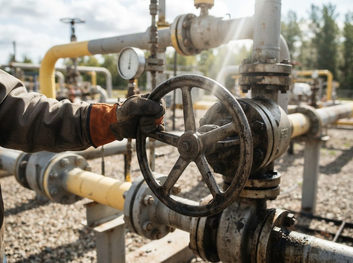 Close-up of a gloved hand turning a valve on a natural gas pipeline compressor station.